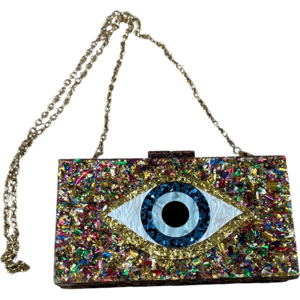 Evil Eye Clutch Purse‎ Resin Confetti Sparkle Crossbody Chain Strap Party